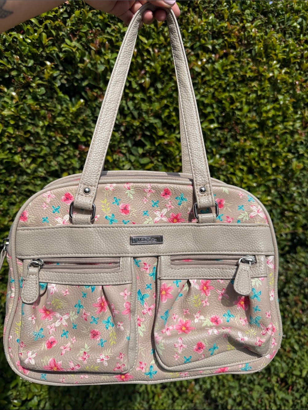 MultiSac Beige Floral Shoulder Bag with Dual Front Pockets Purse